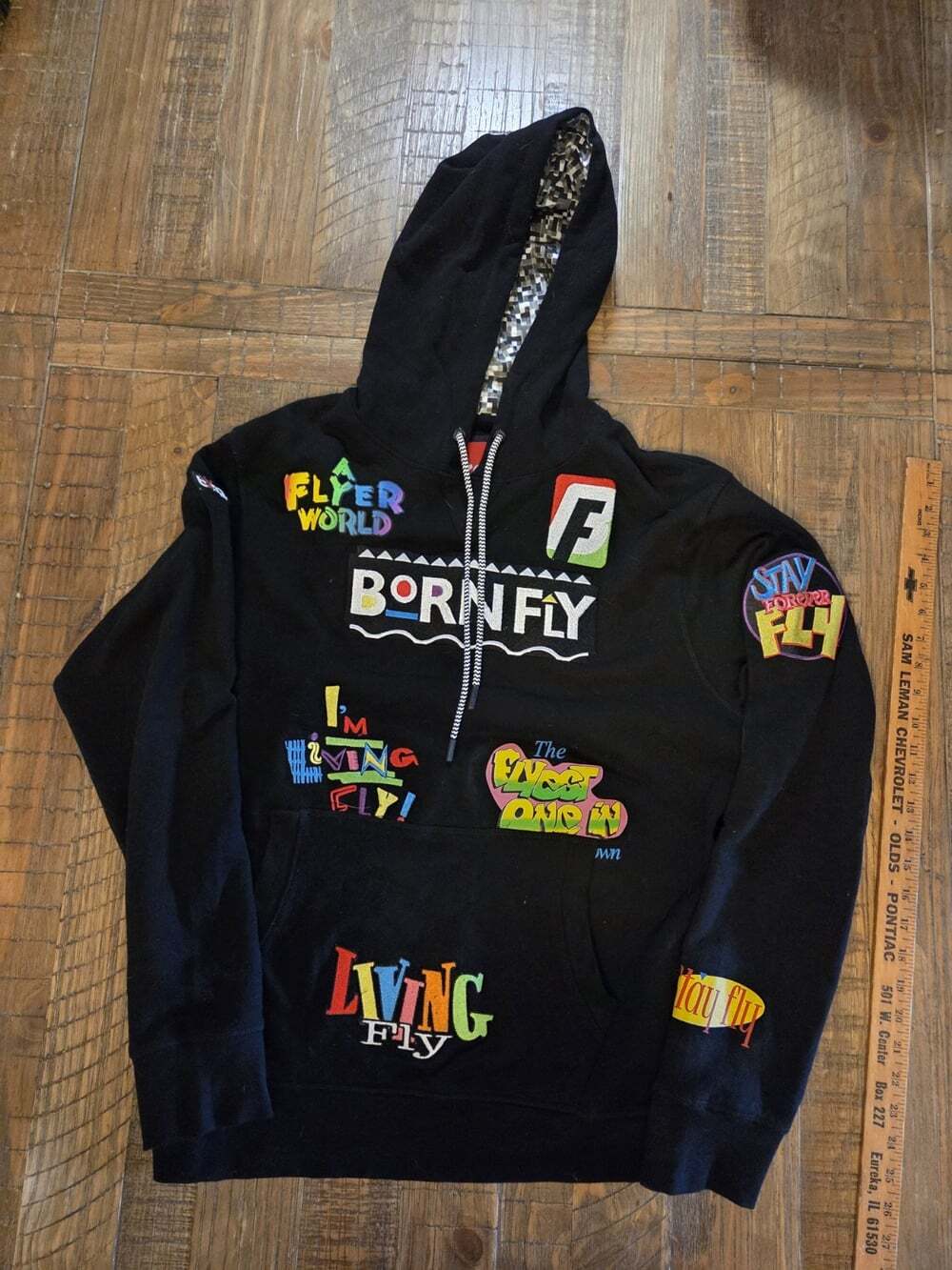 Born Fly Too Fly for TV Logo L Black Embroidered Pullover Hoodie